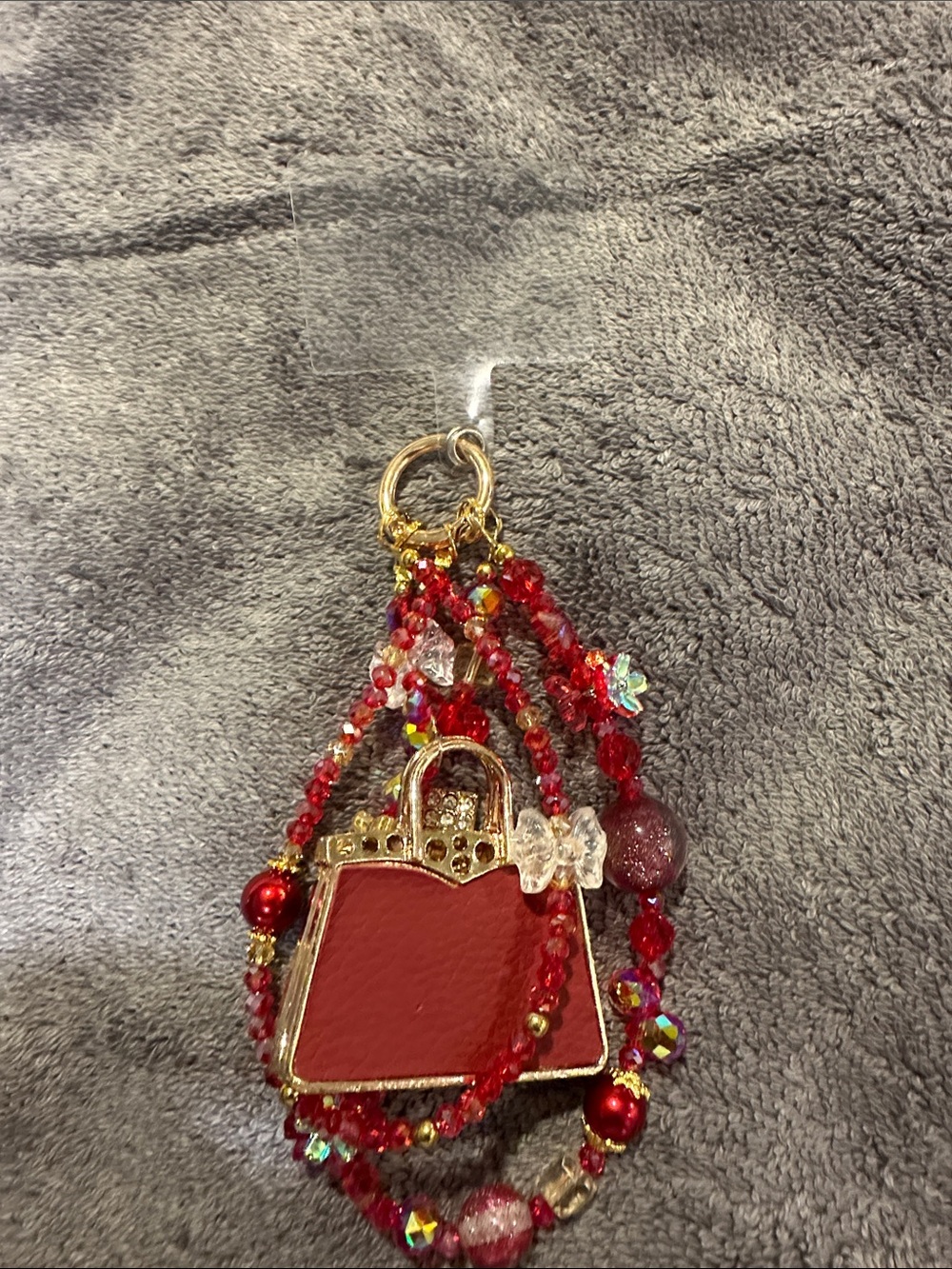 Red Beaded Purse Charm Keychain - Gold Trim